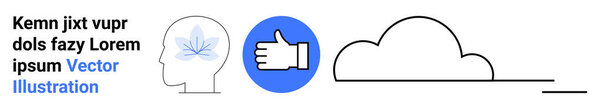 Wellness, technology, nature connection, mental health, positivity, cloud storage. Outline of a head with a leaf, thumbs-up icon in a circle and simple cloud. Mental health and technology concept