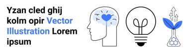 Yaratıcılık, sürdürülebilirlik, eğitim, yenilik, çevresel farkındalık, akıl sağlığı. İnsan kafası, ampul ve bitki şişesinin soyut simgeleri. Yenilik ve çevresel farkındalık kavramı