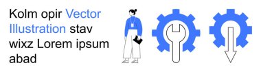 İş akışı, takım çalışması, otomasyon, verimlilik, süreç optimizasyonu, problem çözme. İngiliz anahtarı ve oklu vites sembollerinin yanında profesyonel bir figür. Çalışma akışı ve üretkenlik aktarıldı
