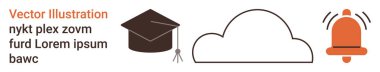 Eğitim, iletişim, bildirimler, bulut hizmetleri, akademik başarı, alarmlar. Mezuniyet şapkası, bulut alarmı. Eğitim ve iletişim görsel olarak