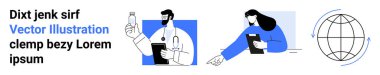 Sağlık, uzaktan iletişim, teletıp, küresel bağlantı, tıbbi hizmetler, sanal konsültasyonlar. Doktor elinde bir şişe, uzaktan çalışan bir kadın ve bir dünya sembolü tutuyor. Sağlık Hizmetleri