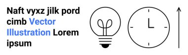 Yenilik, zaman yönetimi, verimlilik, yön, markalaşma, modern tasarım. Ampul, saat yukarı doğru ok ve metin elementleri. Yenilik ve zaman yönetimi kavramsal olarak