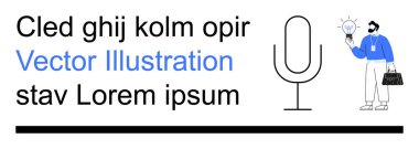 Yaratıcı tasarım, markalaşma, yenilik, sunumlar, medya içeriği, iletişim. Elinde ampul, mikrofon ikonu ve yer tutucu metni tutan bir iş adamı. Yenilik ve iletişim kavramı