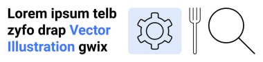 Mavi bir karenin içindeki vites, çatal hatları ve yer tutucu metnin yanında büyüteç ana hatları. Kavram için ideal arama, araç, yiyecek, mekanik, keşif, minimalizm basit iniş sayfası