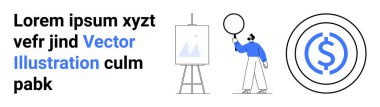 Çizelge tahtasının yanında büyüteçle profesyonel analiz verileri ve yanında da bir dolar dairesi tasarımı. Finans, araştırma, pazarlama, analitik, iş raporları, eğitim görselleri için ideal, basit