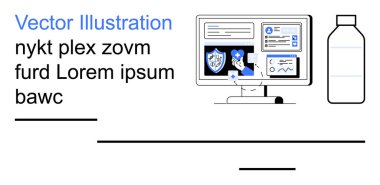 Siber güvenlik, sağlık, teknoloji, kullanıcı arayüzü, dijital iletişim, belgeler. Kalkanları, sağlık simgeleri, bir şişe ve yer tutucu metni olan bilgisayar ekranı. Siber Güvenlik