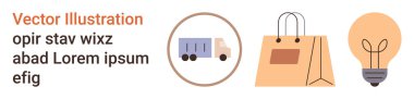 E-ticaret, lojistik, yaratıcı fikirler, sürdürülebilir alışveriş, perakende, teslimat hizmetleri. İçinde bir kamyon, alışveriş çantası ve ampul var. E-ticaret ve lojistik kavramlar vurgulandı