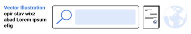 Veri araştırması, bilgi doğrulama, navigasyon araçları, online arama, küresel iletişim, dijital analiz. Büyüteç, arama çubuğu belgesi ve dünya simgeleri. Veri araştırması