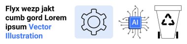 Ayarlar için vites, yapay zeka için yapay zeka çipi ve ekolojik farkındalık için geri dönüşüm kutusu. Teknoloji, yapay zeka, çevre, sürdürülebilirlik, uygulamalar, basit iniş sayfası için ideal