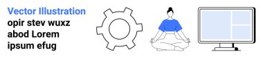 Lotus pozunda meditasyon yapan kadın, teknoloji için dişli sembolü ve bilgisayar ekranı. Sağlık, denge, teknoloji, üretkenlik, farkındalık, kişisel bakım sade iniş sayfası için ideal