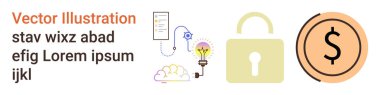 Finansal güvenlik, yenilik, teknoloji, veri koruması, yaratıcılık, bulut çözümleri. Ampullü, bulut elementli, güvenlik ve fikir yüklü bir kilit ve dolar. Mali güvenlik