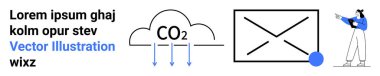 Aşağı doğru oklu karbondioksit bulutu grafiği, dikdörtgen tasarımını gösteren kişi ve yer tutucu metni. Çevresel konular, sunumlar, bilgi grafikleri, iklim hareketi, eğitim ve içerik için ideal
