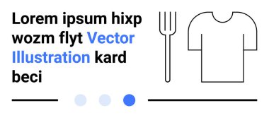 Gömlek ve çatal simgeleri, parlak çizgilerle altı çizili mavi röfleli ve noktalı yer tutucu metnin yanında. Moda, yemek, minimalizm, modern tasarım, markalaşma, web pankartları, bilgi grafikleri için ideal