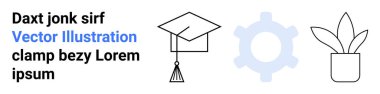 Eğitim, kariyer gelişimi, yenilik, tasarım iş akışı, yaratıcılık, bilgi. Mezuniyet şapkası, teçhizat ve saksı bitkisi simgeleri. Eðitim ve kariyer büyüme kavramlarý