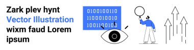 İkili kod paneli, göz analizi, balon tutan kişi ve yukarı doğru ok. Yenilik için ideal, veri analizi, teknoloji, büyüme, strateji araştırması basit iniş sayfası