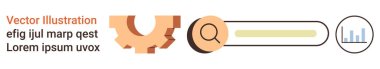 Dijital pazarlama, arama sorguları, analitik araçlar, optimizasyon süreçleri, iş büyümesi, web gelişimi. Vites, büyüteç arama çubuğu ve grafik simgeleri. Dijital pazarlama ve arama sorguları