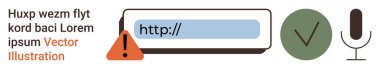 Web sitesi güvenliği, çevrimiçi doğrulama, siber güvenlik, kullanıcı arayüzü, internet taraması, dijital güvenlik. Uyarı, URL çubuğu kontrol işareti ve mikrofon sembolü. Web sitesi güvenliği ve çevrimiçi