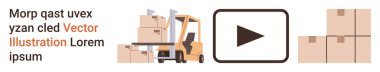Lojistik, e-ticaret, nakliye, ambalaj, ulaşım, depo. Forklift yakınlarda bir çalma düğmesi olan kutuları taşıyor. Video dersleri veya tanıtım için lojistik ve e-ticaret kavramı
