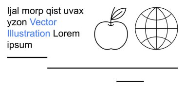 Eğitim, küresel iletişim, minimalizm, öğrenme materyalleri, kavramsal tasarım, tipografi. Elma çizgisi, yazı ve boş satırlarla dolu bir küre. Eğitim ve küresel iletişim kavramı