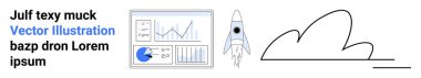 Grafik paneli, çizelgeler, roket fırlatma hazırlığı, soyut bulut. Teknoloji, iş, yenilik, büyüme, analitik, yaratıcılık için ideal basit iniş sayfası