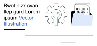 Veri yönetimi, teknoloji çözümleri, dijital işleme, kodlama, otomasyon, geliştirme araçları. Temiz bir dizaynda vites simgesi, klasör ve ikili kod. Veri yönetimi ve teknoloji çözümleri
