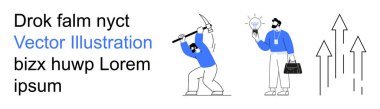 İş büyümesi, yenilik, takım çalışması, finansal başarı, planlama, strateji. Kazma sallayan bir figür ve yukarı doğru oklu ampulü tutan bir başkası. İş büyümesi ve yenilik kavramı