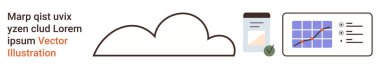 Bulut hesaplama, veri yönetimi, analitik, iş çözümleri, dijital araçlar, sistem entegrasyonu. Grafikli ve simgeli bir bulut. Bulut hesaplama ve veri yönetimi