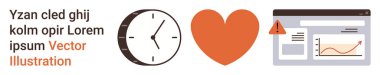 Zaman yönetimi, üretkenlik araçları, veri analizleri, aşk, uyarı sembolleri, risk yönetimi. Saat, kalp alarmı ve analitik grafiği tarayıcı düzeninde. Zaman yönetimi ve üretkenlik araçları