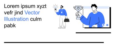 İş stratejisi, yenilik, başarı, takım çalışması, liderlik, yaratıcılık. Elinde ampul, elinde kupa olan biri. Yenilik ve başarı grafikler aracılığıyla kavramları