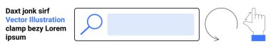 Kullanıcı arayüzü, navigasyon araçları, internet araması, dijital medya, UI tasarım kavramları, teknoloji. Büyüteç simgesi, arama çubuğu okları ve el hareketi. Kullanıcı arayüzü ve gezinme araçları