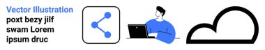 Bulut hesaplama, veri paylaşımı, teknoloji, uzaktan çalışma, dijital araçlar, kavramlar. Görsel bir paylaşım simgesi, dizüstü bilgisayar ve bulut sembolü kullanan bir kişi içeriyor. Bulut hesaplama ve veri paylaşımı