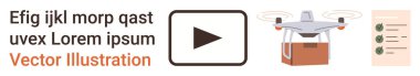 Teknoloji, lojistik, medya, e-ticaret, dağıtım, yenilik. Paket taşıyan bir kuadkopter, video oynatma tuşu ve kontrol listesi. Teknoloji ve lojistik kavramlar modern görsel olarak vurgulandı