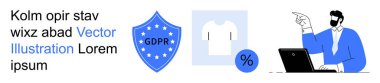 Veri güvenliği, GDPR uyumu, e-ticaret, tüketici hakları, iş yönetimi, çevrimiçi koruma. GDPR mesajlı kalkan, giysi ikonu yüzde sembolü ve dizüstü bilgisayarı olan kişi. Veri güvenliği