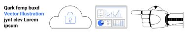 Kilit simgesi olan güvenli bulutu gösteren robot el grafikli veri analiz paneli ve ilerleme göstergesi. Siber güvenlik, yapay zeka, teknoloji yeniliği, veri yönetimi, otomasyon için ideal