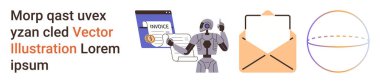 Robot otomasyonu, dijital faturalandırma, iletişim teknolojisi, e-posta bildirimleri, yapay zeka, veri görselleştirmesi. Bir robot, bir ekran faturası, bir e-posta ve bir geometrik küre