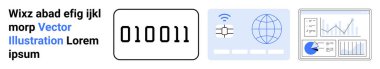 İkili kod, ağ çizgileri, analitik çizelgeleri ve radar sembolü olan dünya simgesi. Teknoloji, veri analizi, iletişim, istatistik, küresel bağlantı basit iniş sayfası kodlaması için ideal