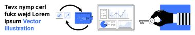Kredi kartı işlem döngüsü, veri gösterge paneli analizi ve el ele tutuşan güvenlik anahtarı. Dijital finans, e-ticaret, veri analizi, siber güvenlik, fintech, bankacılık sade iniş sayfası için ideal