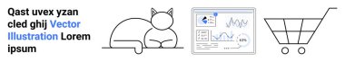 E-ticaret, analitik, evcil hayvan içeriği, çevrimiçi iş, veri görselleştirme ve tüketici eğilimleri. Bir kedinin siyah beyaz simgeleri, analitik arayüz ve alışveriş arabası. E-ticaret ve veri