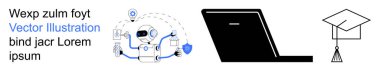Yapay zeka teknolojisi, e-öğrenme, robotik, yüksek öğrenim, dijital araçlar, çevrimiçi güvenlik. İkonları, dizüstü bilgisayarı ve mezuniyet şapkası olan bir robot. Yapay zeka teknolojisi ve e-öğrenim kavramları