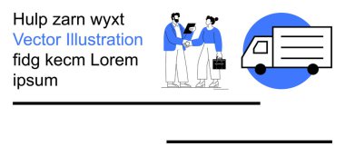 İş birliği, lojistik, dağıtım hizmetleri, takım çalışması, ulaşım, organizasyon. İki profesyonel, teslimat kamyonu ikonunun yanında tartışıyor. İş birliği ve lojistik