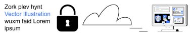 Siber güvenlik, bulut depolama, veri şifreleme, çevrimiçi güvenlik, dijital koruma, güvenli ağlar. Kilit sembolü, bulut şekli ve güvenlik simgelerini gösteren bilgisayar ekranı. Siber güvenlik ve bulut