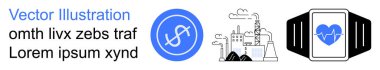 Sağlık, teknoloji, kirlilik, endüstri, finans, dijital izleme. Bir dolar işareti, kirlilik yayan endüstriyel fabrika ve kalp atış hızını gösteren bir akıllı seğirme. Sağlık ve teknoloji