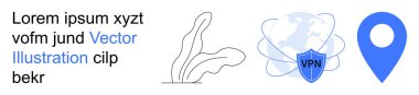Çevrimiçi güvenlik, veri gizliliği, yer tespit, VPN koruması, siber güvenlik, internet güvenliği. VPN yazılı kalkan simgesi, harita küre konumu pin soyut yaprağı. Çevrimiçi güvenlik ve veri gizlilik kavramı