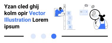 Risk bloklarını ve finansal verileri büyüteç ve aletlerle inceleyen kişiler. İş analizi, risk yönetimi, strateji, mali planlama, takım çalışması, iş akışı ve basit
