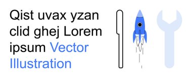 Ürün geliştirme, yenilik, uzay keşfi, teknoloji araçları, yaratıcılık, fütürist fikirler. Mavi roket ve İngiliz anahtarı sembolünün yanında yer tutucu metin. Yenilik ve teknoloji araçları kavramı