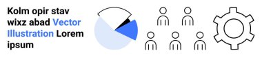 Bir mavi kesitli turta şeması, altı stilize insan figürü, vites sembolü ve örnek metin. Veri analizi, takım çalışması, iş akışı, verimlilik, işbirliği için ideal basit iniş sayfası