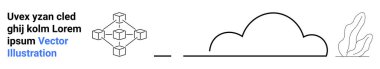 Bulut hesaplama, engelleme teknolojisi, dijital depolama, veri paylaşımı, çevrimiçi ağ, teknoloji altyapısı. Minimalist engelleme zinciri diyagramı ve bulut çizgisi. Bulut hesaplama ve engelleme zinciri