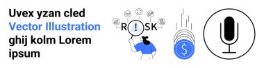 Risk değerlendirmesi, finansal planlama, iş analizi, iletişim amplifikasyonu, ekonomik izleme, strateji geliştirme. Risk simgelerini, bozuk paraları ve mikrofon sembollerini inceleyen bir kadın. Risk