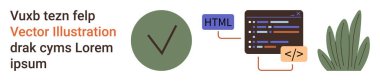 Web geliştirme, kodlama, programlama, UI tasarımı, onaylama, doğayla tanışma teknolojisi. Kontrol işareti, HTML kod parçaları ve yaprak şeklinde bir bitki. Web geliştirme ve programlama kavramları