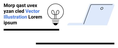 Yenilik, teknoloji, yaratıcılık, eğitim, tasarım, iş. Metinli ampul simgesi ve dizüstü bilgisayar çizimi. Modern, temiz bir düzeni olan yenilik ve teknoloji